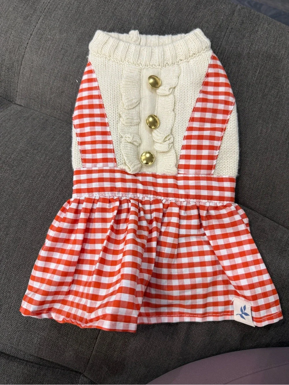 Harry Barker Puppy Cream Knit & Red Gingham Sundress with Gold Buttons